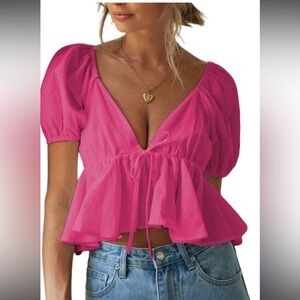 REMIDOO Women's Cream Puff Sleeve Ruffle Hem Peplum Crop Top Blouse  Size L